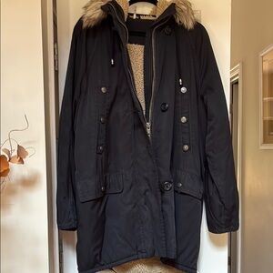Free People Black Parka Coat with Faux Fur Trim
